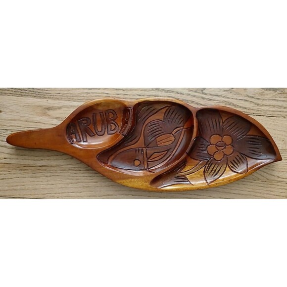 Carved Wooden Inlaid Flowers Aruba Leaf Shaped Dip Serving Tray Platter Dish - Picture 6 of 8
